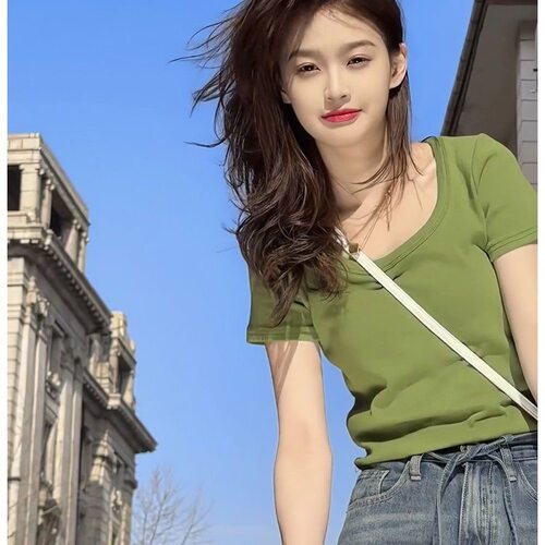 绿色短袖t恤女夏季修身圆领打底衫设计感小众内搭短款紧身上衣夏