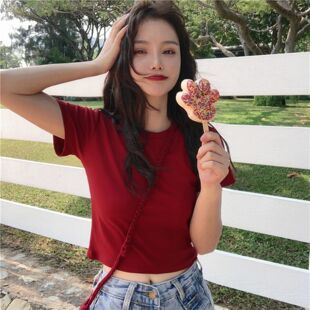 纯棉夏季网红酒红色短袖t恤女圆领宽松韩版短款上衣学生打底衫潮