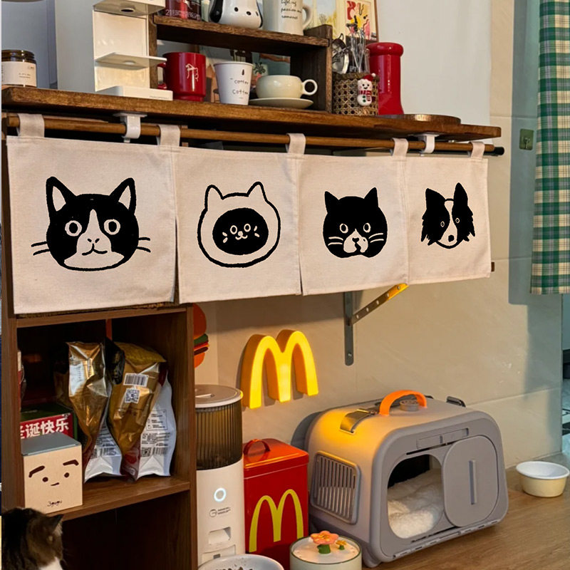 猫咪旗帘卡通布帘商用厨房装饰挂帘日式防尘隔断帘三角旗柜遮挡帘,居家布艺,门帘,淘宝优惠券,粉丝福利购,淘宝优惠卷
