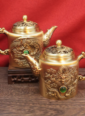 黄铜龙凤茶壶摆件中式铸造