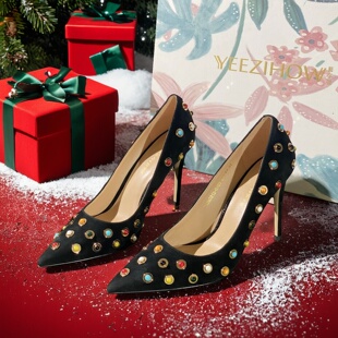 细跟高跟鞋 26新款 清仓黑色铆钉尖头2025春秋新款 女鞋 8160 轻奢断码