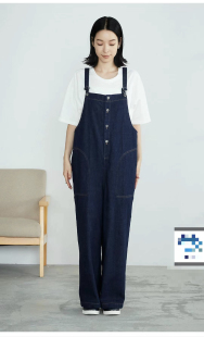 日单饭团家女士棉麻混纺水洗牛仔宽松休闲背带裤