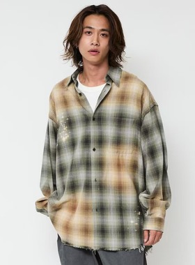 日单潮牌FREAKS STORE宽松版型全棉水洗漂白渐变格纹长袖衬衣