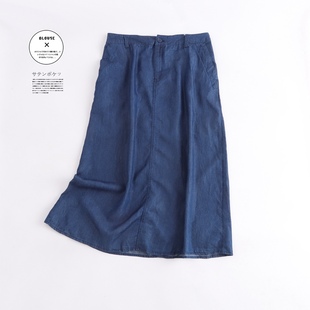 外贸出口日单女士棉质天丝水洗牛仔长半身裙松紧腰可系腰带四季款