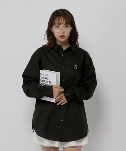 日单小众潮牌aland全棉精梳棉长袖刺绣纯色休闲衬衣男女同款情侣