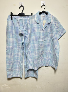 格子休闲家居服睡衣套装 日单女士全棉泡泡棉短袖 八分裤