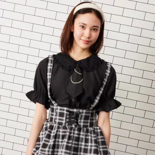 日单DOUBLEFOCUS女士萝莉风甜美量产型雷服蕾丝领短袖衬衫