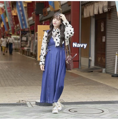 外贸出口日单女士甜美可爱仿牛仔松紧腰连衣裙A字型有弹力有光泽