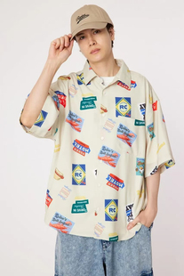 日单日系潮牌rcwb流行原创印花短袖衬衣宽松宽大廓形男女同款