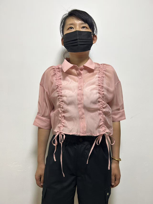 日单olive女士夏季薄款半透明防晒速干短款短袖衬衣抽绳设计百搭