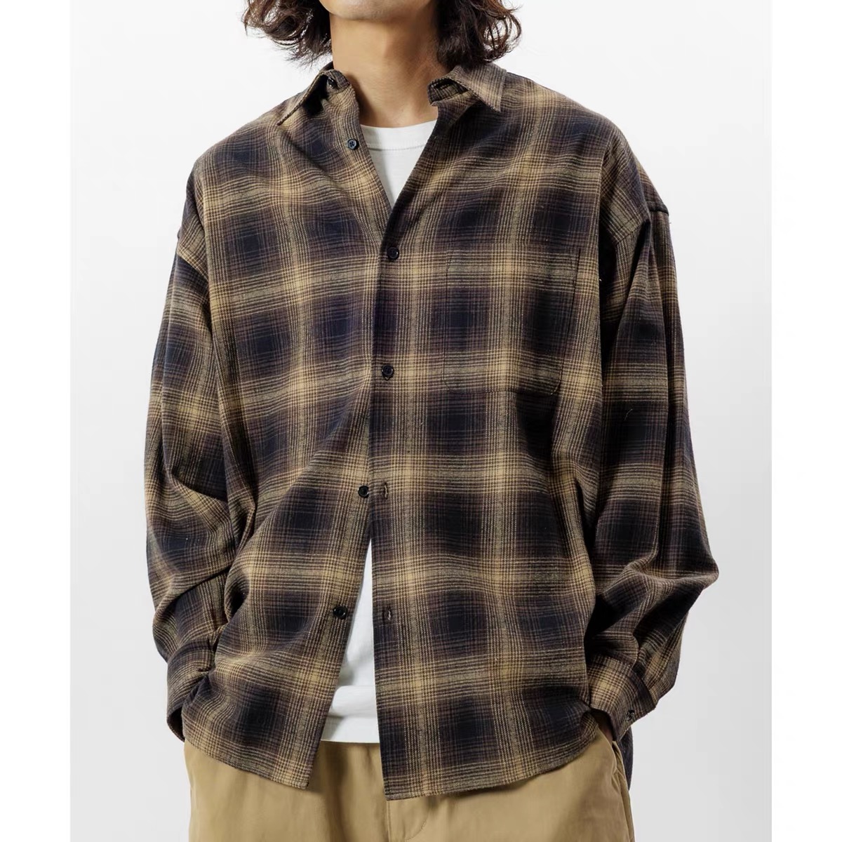 日单潮牌FREAKS STORE全棉渐变格纹法兰绒长袖衬衣男女同款宽松版