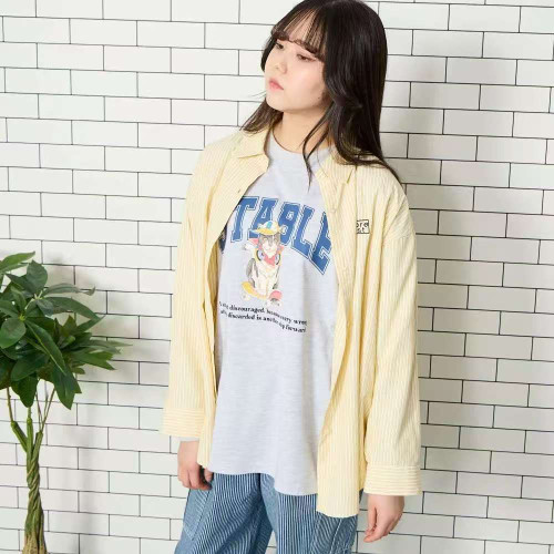 日单double focus女士条纹长袖休闲衬衣百搭防晒速干落肩宽松版型