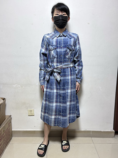 日单女士全棉水洗牛仔长袖格子休闲连衣裙