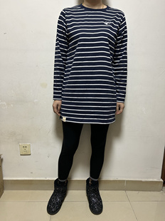 日单女士全棉长袖条纹T恤针织衫中长款春秋款甜美可爱百搭