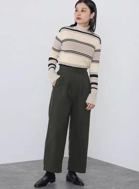 日单贵牌Beams女士全棉仿羊毛质感半松紧腰休闲裤加厚直筒阔腿裤