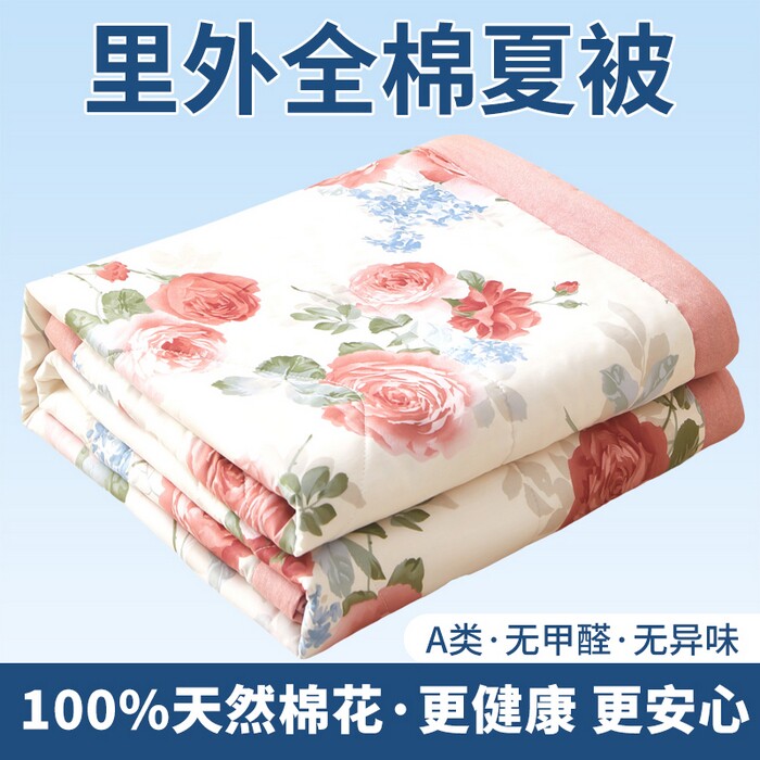 新疆100%棉花夏凉被花卉印花空调被夏被A类亲肤透气薄被可机水洗