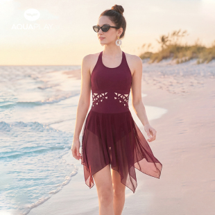 AquaPlay酒红色挂脖三角连体泳衣女士高级感泳衣沙滩泳装 2026新款