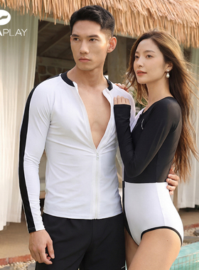 AquaPlay情侣泳衣泡温泉黑白色连体女游泳衣男士长袖泳装海边沙滩