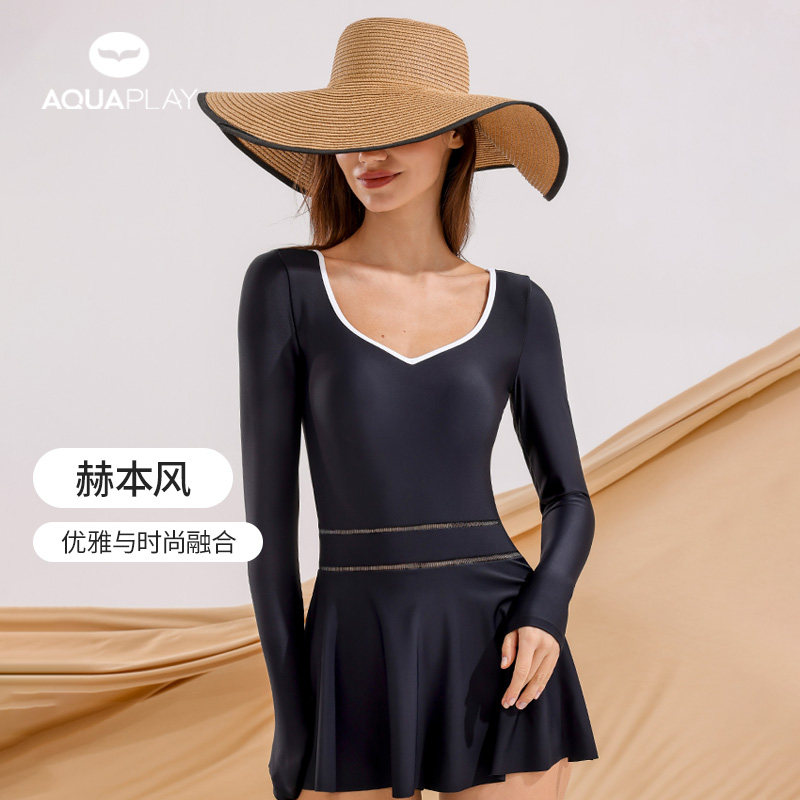 安泊来黑色显瘦连体泳衣遮肚