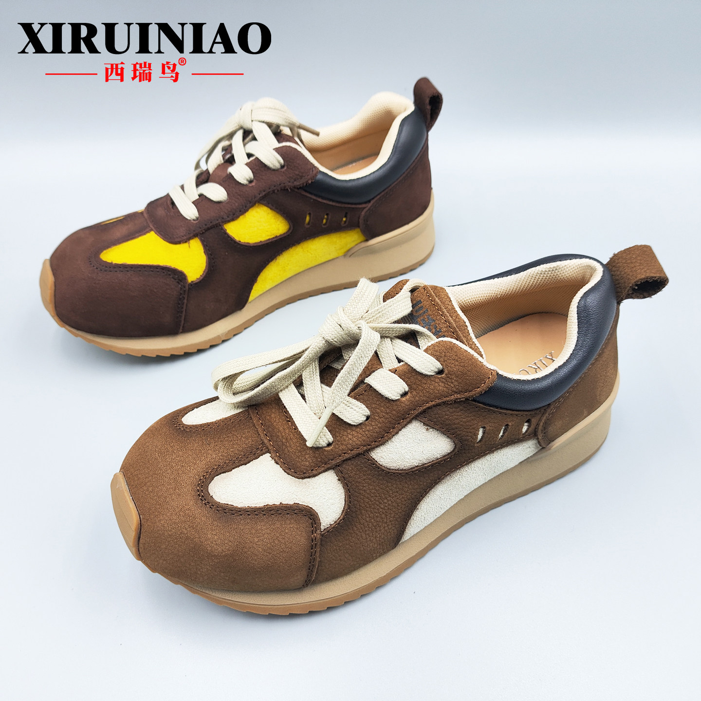 西瑞鸟专柜原创复古全牛皮系带拼色阿甘鞋女鞋百搭休闲鞋运动鞋