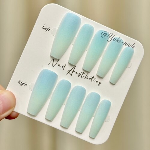 【Yuki穿戴甲】夏日新款海盐薄荷多巴胺渐变温柔机器喷印甲长梯