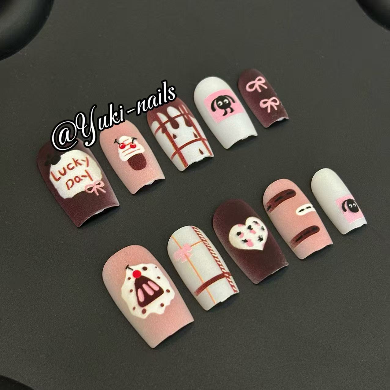 【Yuki穿戴甲】新款磨砂短方蝴蝶结冰激凌卡通美拉德融化图案指甲