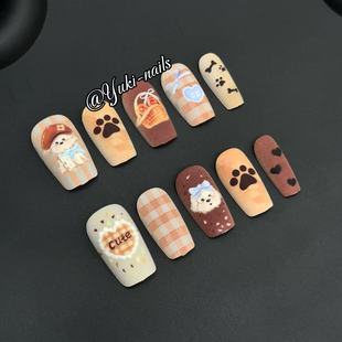 可爱学生可拆卸贴片 秋冬焦糖格纹小熊ins卡通短款 Yuki穿戴甲