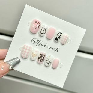 素潮牌熊鱼骨爱心卡通图案新型美甲短方圆 原创新元 Yuki穿戴甲