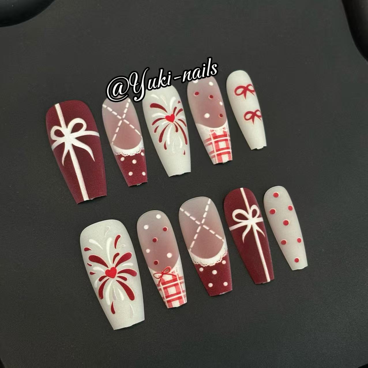 【Yuki穿戴甲】新款磨砂喜庆法式烟花蝴蝶结可爱少女美甲假指甲片