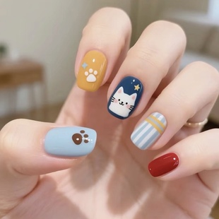 多彩美甲奶呼呼猫咪猫爪萌妹可爱卡通图案指甲短方 Yuki穿戴甲