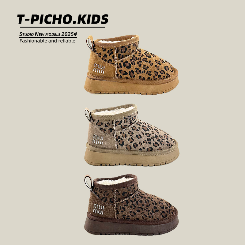 儿童时尚豹纹雪地靴2025年冬季新款男童加绒保暖棉靴女童防滑短靴