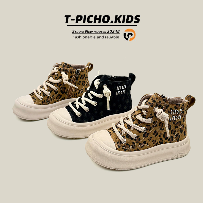 女童鞋子时尚豹纹加绒二棉板鞋2025年秋冬新款男童靴子中大童棉靴