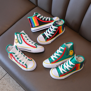 儿童高帮魔术贴帆布鞋2026年春款新款女童鞋韩版彩虹时尚男童板鞋