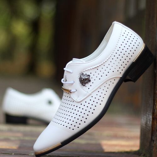 夏季凉鞋男镂空皮鞋男商务正装休闲鞋洞洞鞋英伦尖头透气男鞋白色