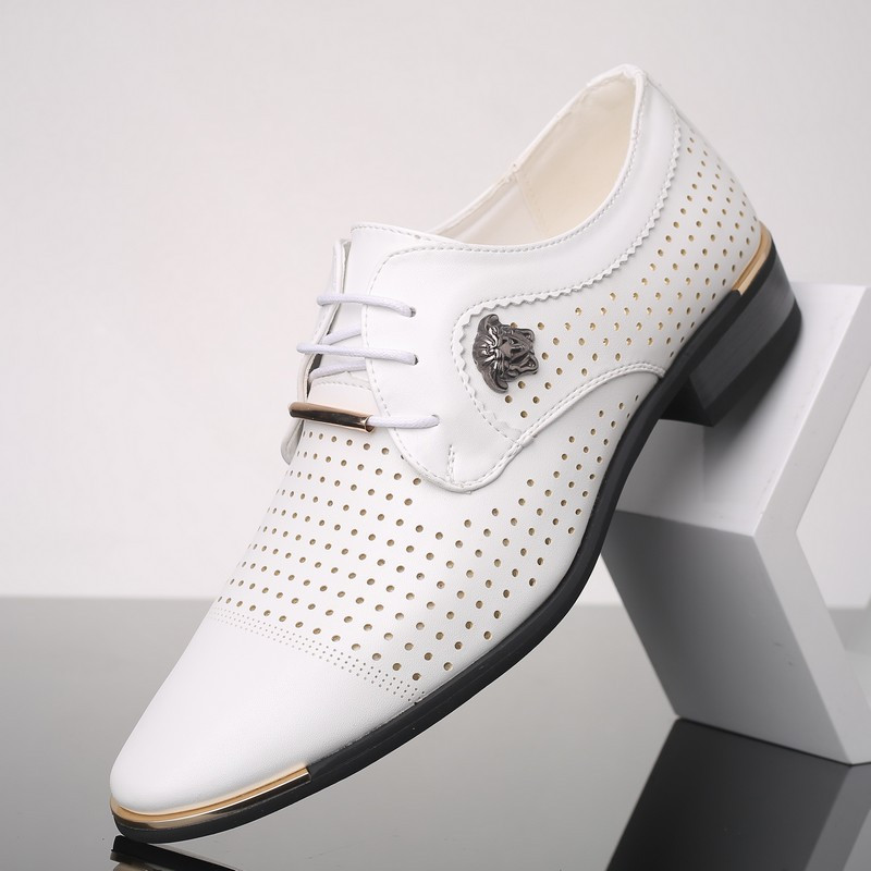 夏季休闲皮凉鞋镂空透气洞洞男鞋子韩版尖头正装商务皮鞋白色
