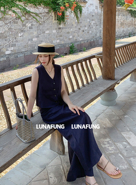 LUNAFUNG冯下文藏青色亚麻套装西装马甲阔腿裤高级宽松老钱风裤子