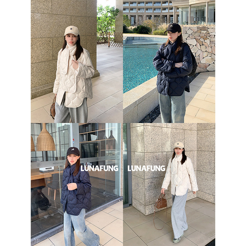 LUNAFUNG冯下文·菱格纹绗缝羽绒服围巾领轻薄保暖上衣灰鸭绒外套,女装/女士精品,羽绒服,淘宝优惠券,粉丝福利购,淘宝优惠卷