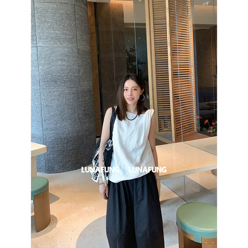 LUNAFUNG冯下文·单肩扭结上衣亚麻无袖背心显瘦设计感休闲T恤薄