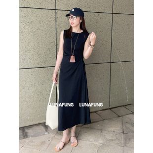 LUNAFUNG冯下文·黑色无袖 收腰显瘦高裙子 圆领扭结连衣裙女中长款