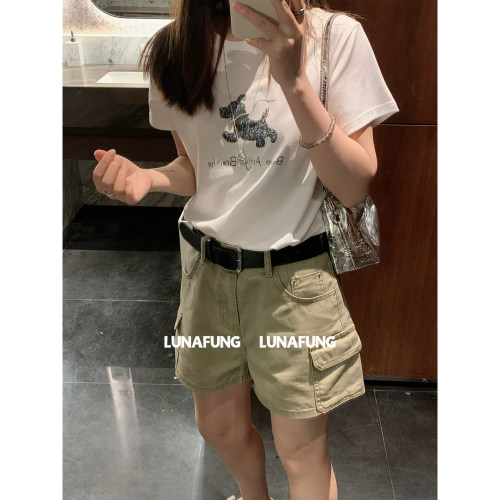 LUNAFUNG冯下文·卡其色工装多口袋牛仔短裤女夏全棉休闲显瘦裤子
