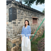 上衣开衫 LUNAFUNG冯下文·蓝色V领慵懒镂空针织衫 胸针花朵长袖 女