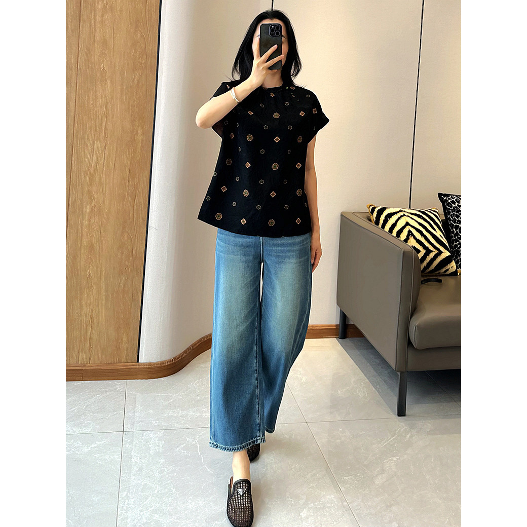 C4446 超爱！超柔莱赛尔棉 蓝色阔腿牛仔裤 九分