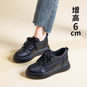 小码313233内增高小皮鞋女头层牛皮松糕厚底系带小个子休闲小黑鞋