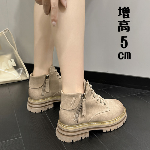 马丁靴女磨砂牛皮厚底侧拉链低帮