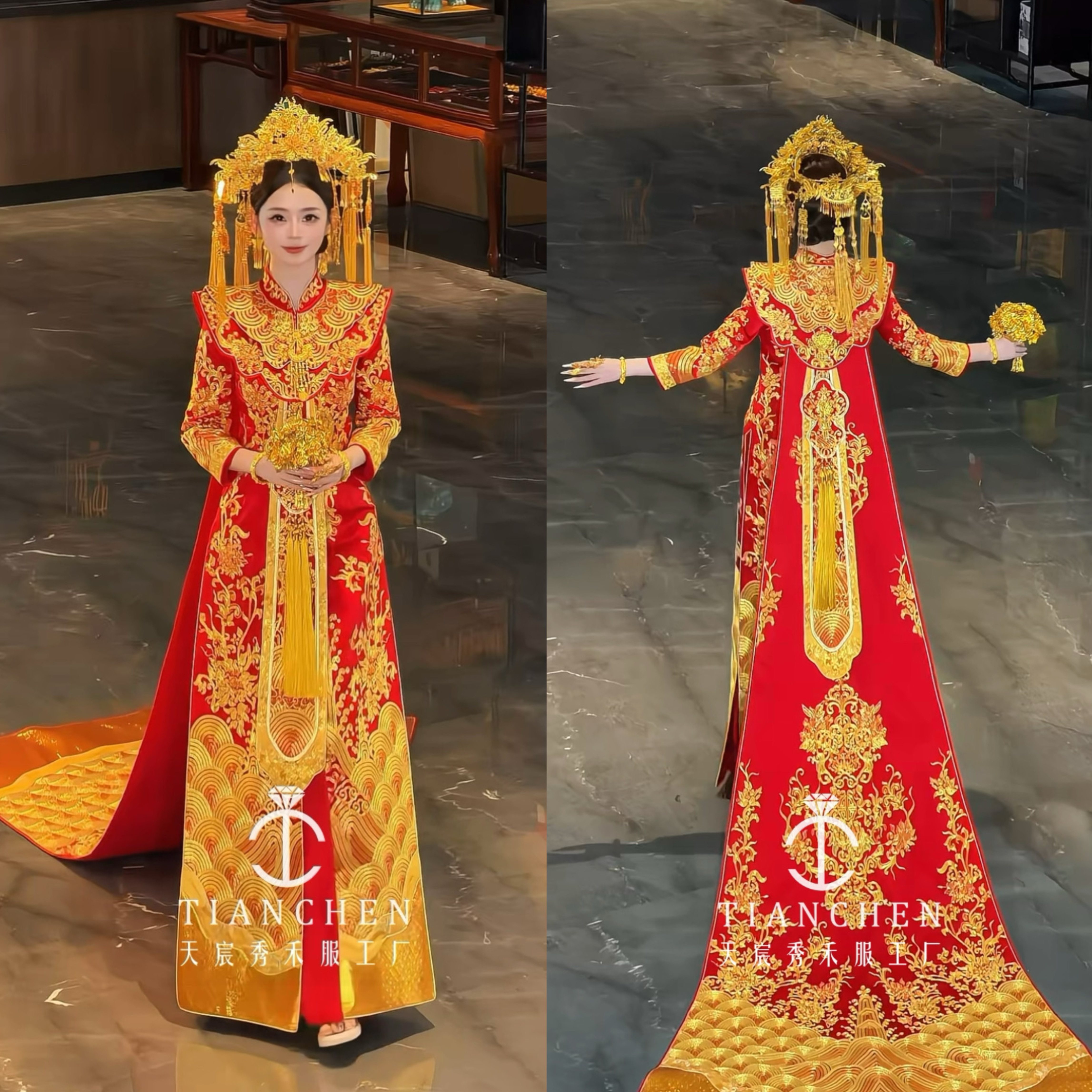 可定做 高定新中式盘金刺绣中长款拖尾醋酸红金色显瘦新娘结婚服