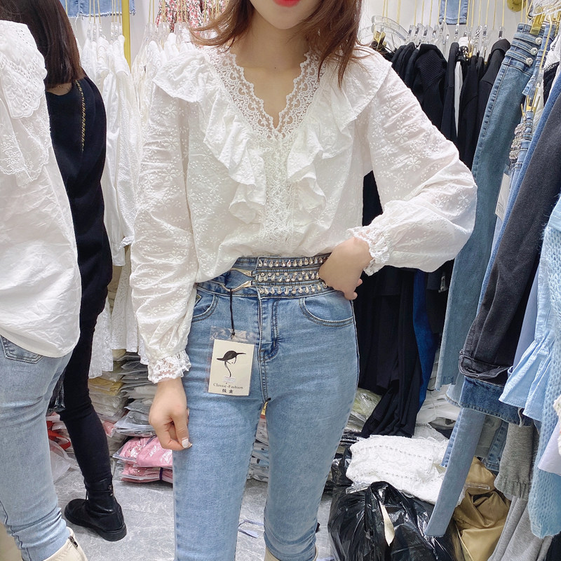 2025春季甜美可爱大娃娃领荷叶边减龄宽松显瘦白色长袖衬衫女打底