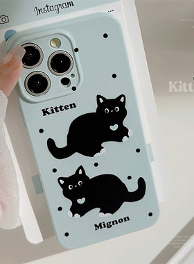 日韩ins蓝色波点猫咪iphone17手机壳苹果13pro max适用11软16代发