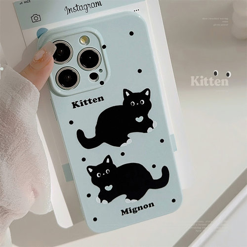 日韩ins蓝色波点猫咪iphone17手机壳苹果13pro max适用11软16代发