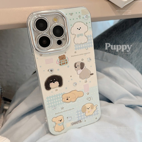 格纹小狗卡通手机壳适用15苹果17promax镜头膜iphone16防摔12羽纱