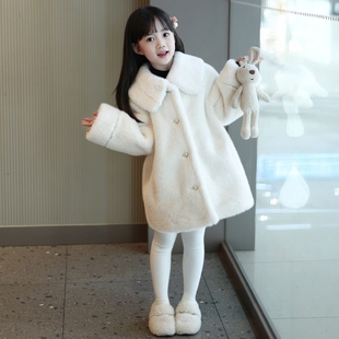 女童白色仿皮草外套翻领中长款水貂毛绒大衣儿童皮毛一体毛毛衣